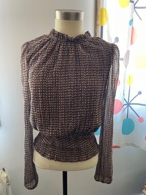 Joie Brown and Cream Smocked-Hem Long Sleeve Blouse